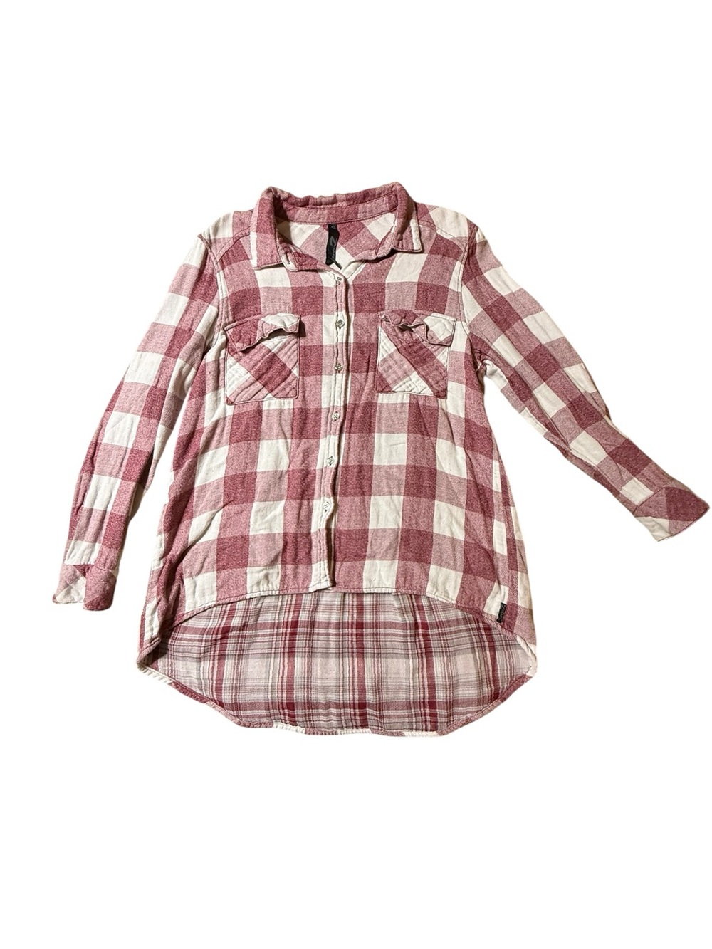 Seven7 XL Red Plaid Flannel Tunic Top, High Low Hem, Button Down Shacket, Soft